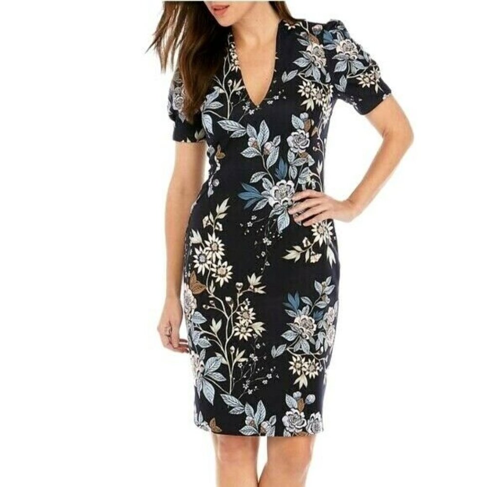 Vince Camuto Sheath Dress Women Size 16 Floral Puff Short Sleeves Lined V Neck
